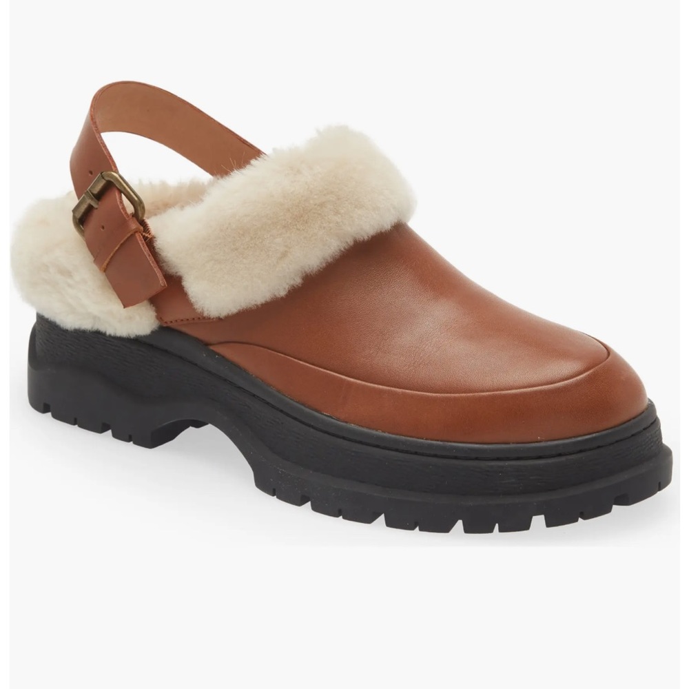 Madewell Brown Leather Shearling-Trim Slingback Clog